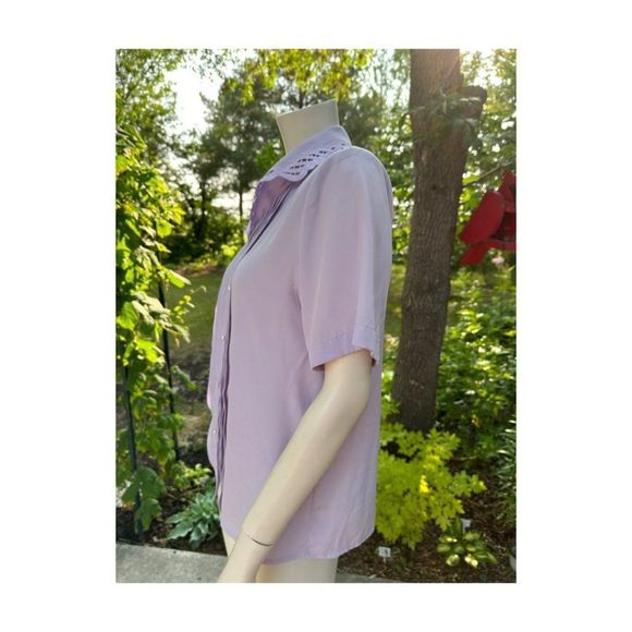 Vtg | 90s Lilac Blouse Tradition Short Sleeve Pleats Lace Collar L/XL - Picture 4 of 7